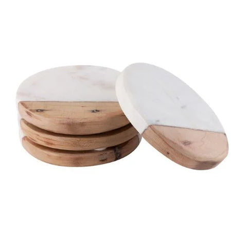 Set of 4 Marble & Wood Coasters: Rustic Charm