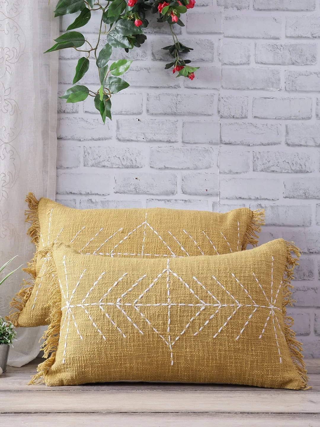 Kantha hand stitched cushion cover with fringes