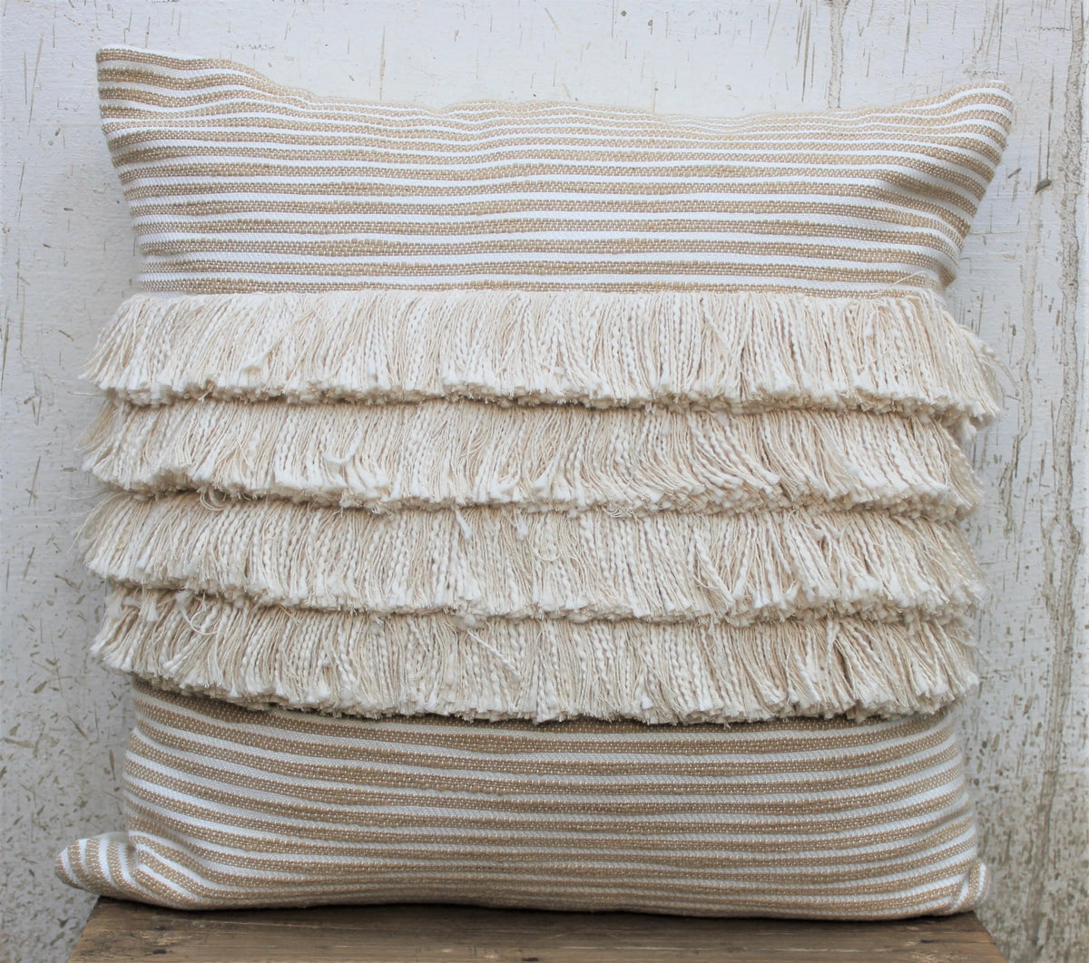 Ivory & beige fringes cushion cover