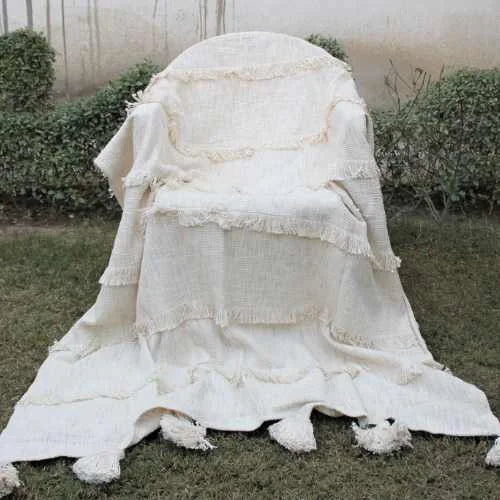 Ethereal Elegance: Handmade Ivory Throw with Fringes