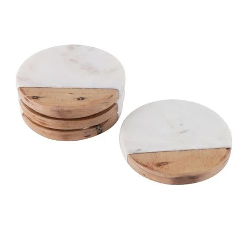 Set of 4 Marble & Wood Coasters: Rustic Charm