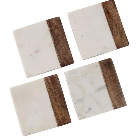 Set of 4 Marble & Wood Coasters: Nautical Home Décor