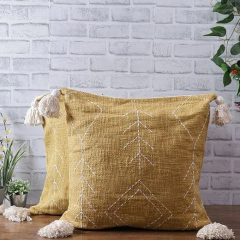 Hand-stitched Yellow Kantha Cotton Cushion Cover