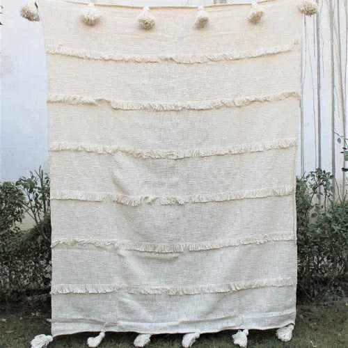 Ethereal Elegance: Handmade Ivory Throw with Fringes