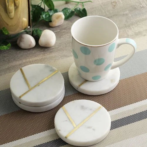 Set of 4 Marble Brass Inlay Coaster: Premium Home Decor