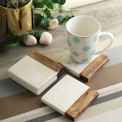 Set of 4 Marble & Wood Coasters: Nautical Home Décor