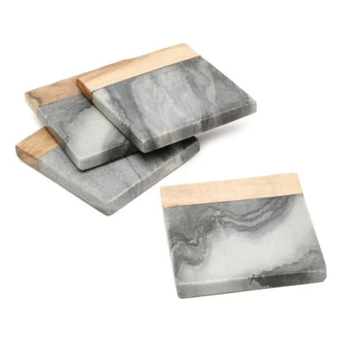 Set of 4 Marble & Wood Square Coaster: Inspired Table Décor
