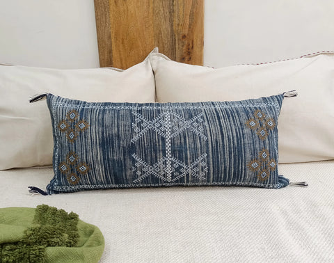 Blue Embroidered Lumbar Cushion Cover