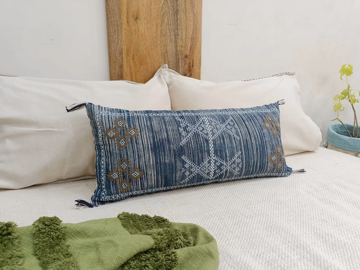 Blue Embroidered Lumbar Cushion Cover