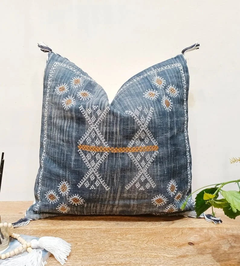 Boho Blue Linen Cushion Cover