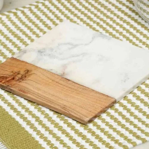 Set of 2: White Marble and Acacia Wood Trivet Set